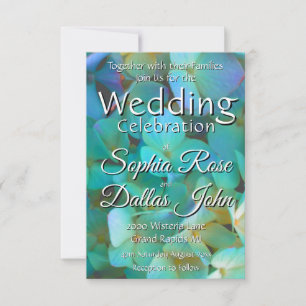 Teal blue yellow pink hydrangeas flowers floral invitation