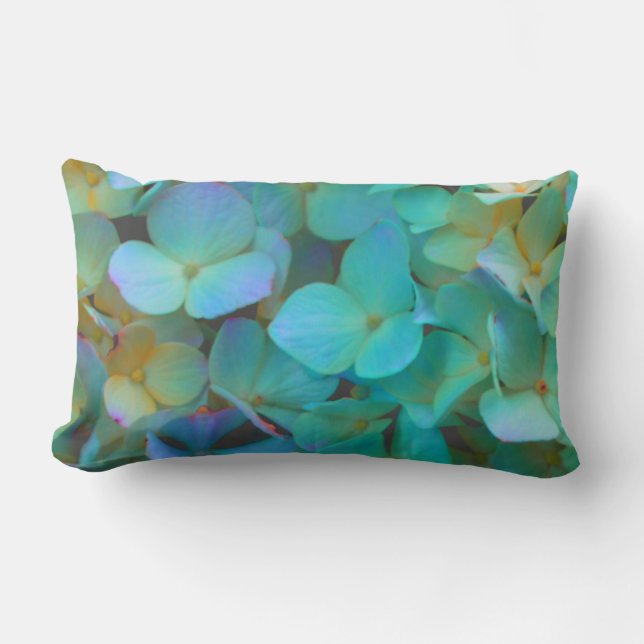 Teal blue yellow pink hydrangeas flowers floral lumbar cushion (Front)