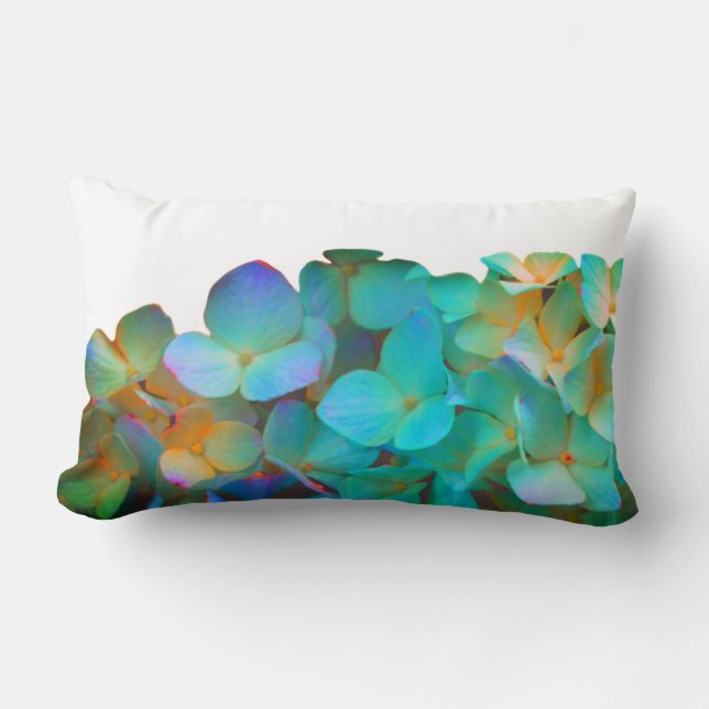 Teal blue yellow pink hydrangeas flowers floral lumbar cushion (Front)
