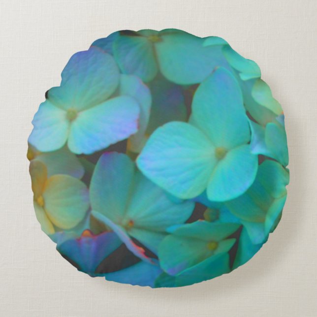 Teal blue yellow pink hydrangeas flowers floral round cushion (Front)
