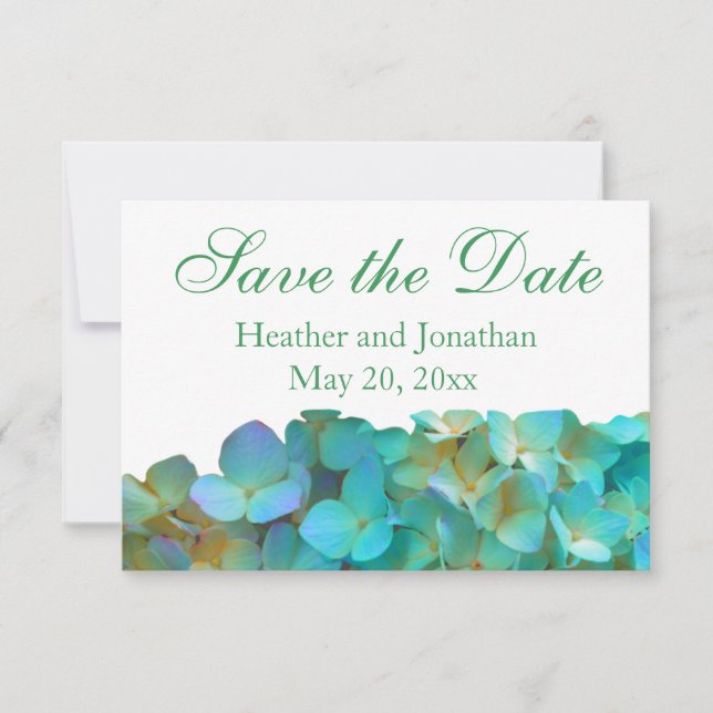 Teal blue yellow pink hydrangeas flowers floral save the date (Front)