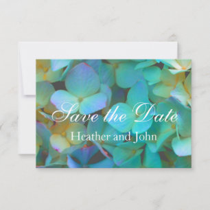 Teal blue yellow pink hydrangeas flowers floral save the date