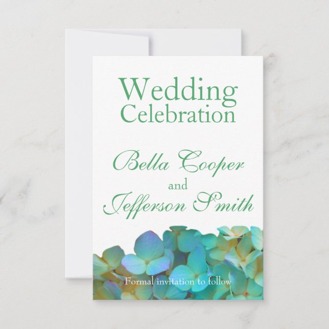 Teal blue yellow pink hydrangeas flowers floral save the date (Front)
