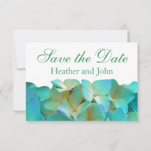 Teal blue yellow pink hydrangeas flowers floral save the date