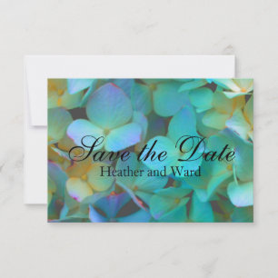 Teal blue yellow pink hydrangeas flowers floral save the date