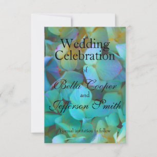 Teal blue yellow pink hydrangeas flowers floral save the date