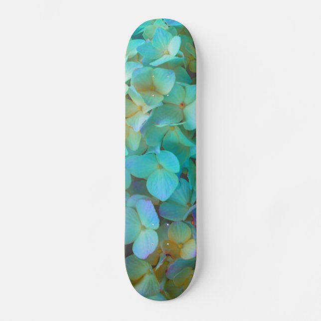 Teal blue yellow pink hydrangeas flowers floral skateboard (Front)