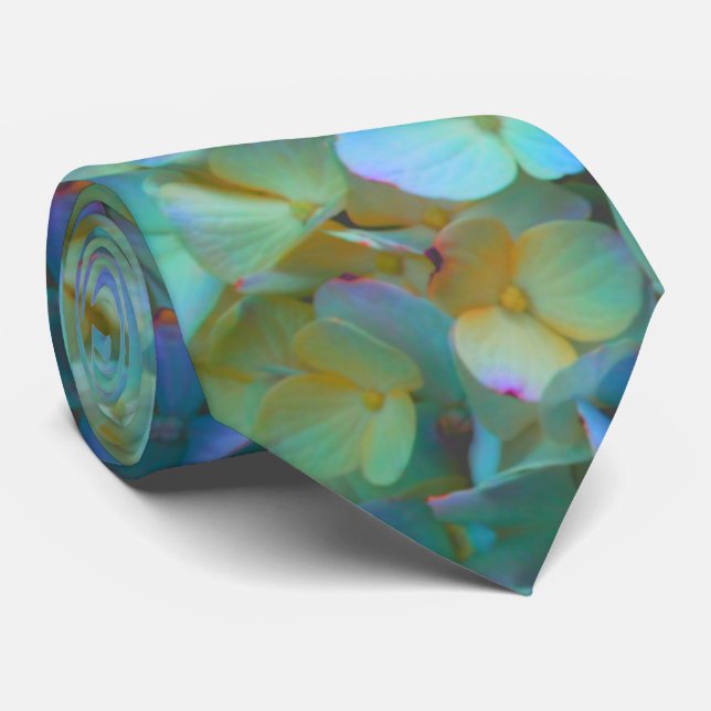 Teal blue yellow pink hydrangeas flowers floral tie (Rolled)