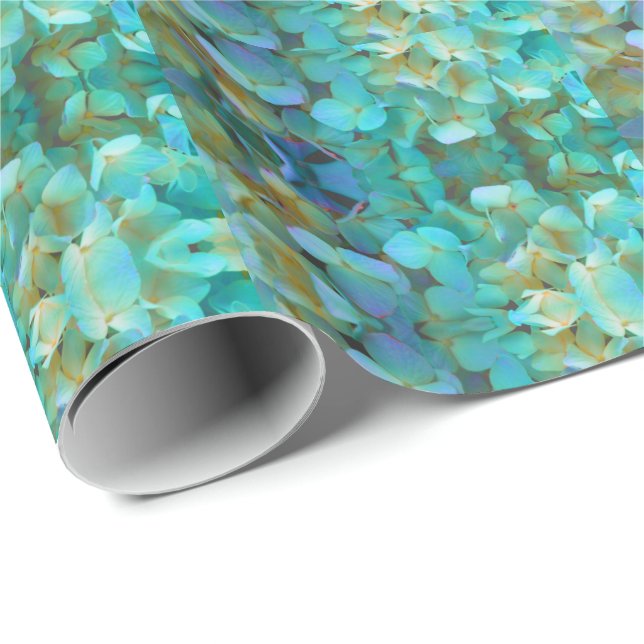 Teal blue yellow pink hydrangeas flowers floral wrapping paper (Roll Corner)