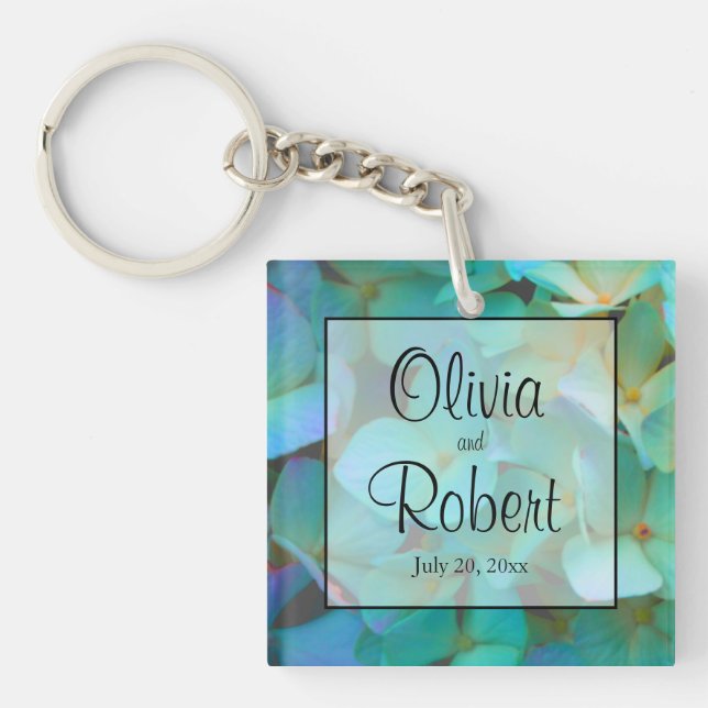 Teal blue yellow pink hydrangeas flowers key ring (Front)