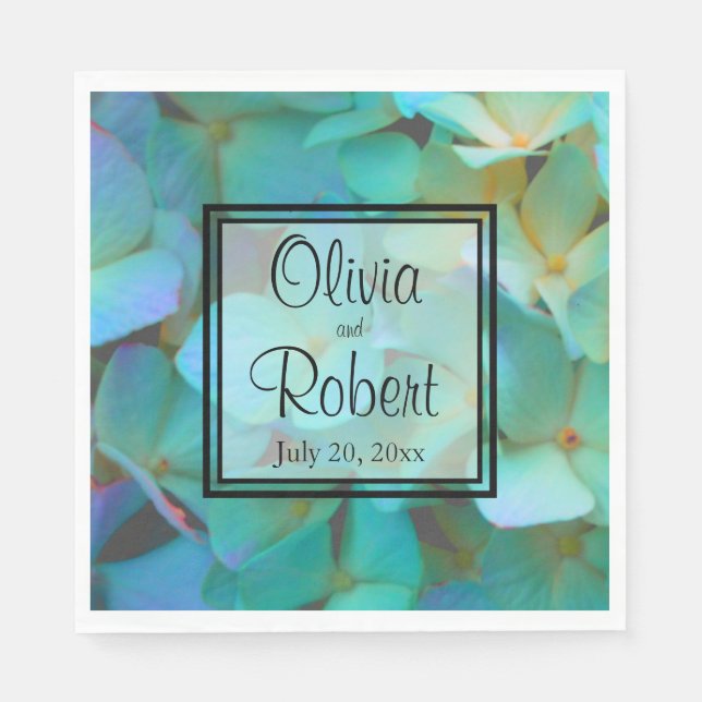 Teal blue yellow pink hydrangeas flowers napkin (Front)