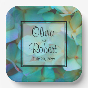 Teal blue yellow pink hydrangeas flowers paper plate