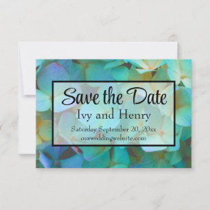 Teal blue yellow pink hydrangeas flowers save the date