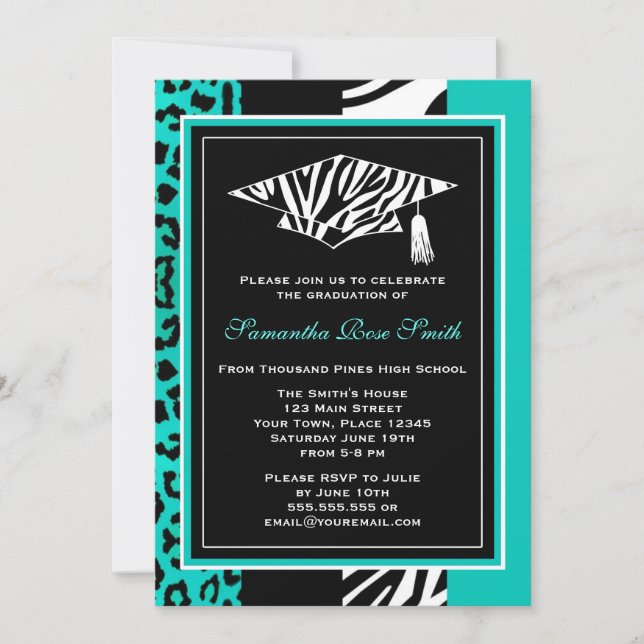 Teal Blue Zebra and Leopard Print Graduation Invitation (Front)