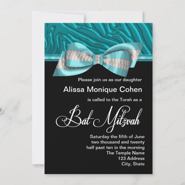 Teal Blue Zebra Bat Mitzvah Invitation (Front)