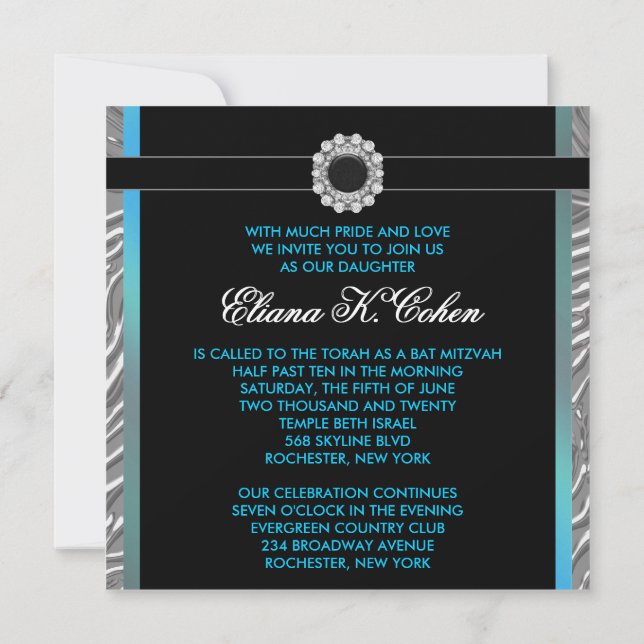 Teal Blue Zebra Bat Mitzvah Invitation (Back)