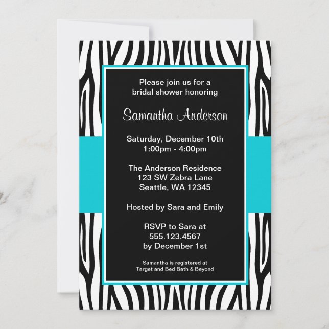 Teal Blue Zebra Bridal Shower Invitation (Front)