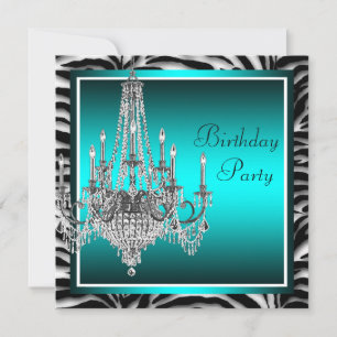 Teal Blue Zebra Chandelier Birthday Party Invitation