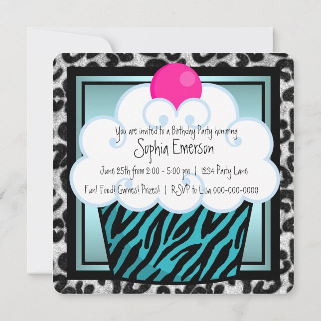 Teal Blue Zebra Cupcake Birthday Party Invitation (Back)