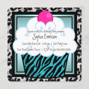 Teal Blue Zebra Cupcake Birthday Party Invitation