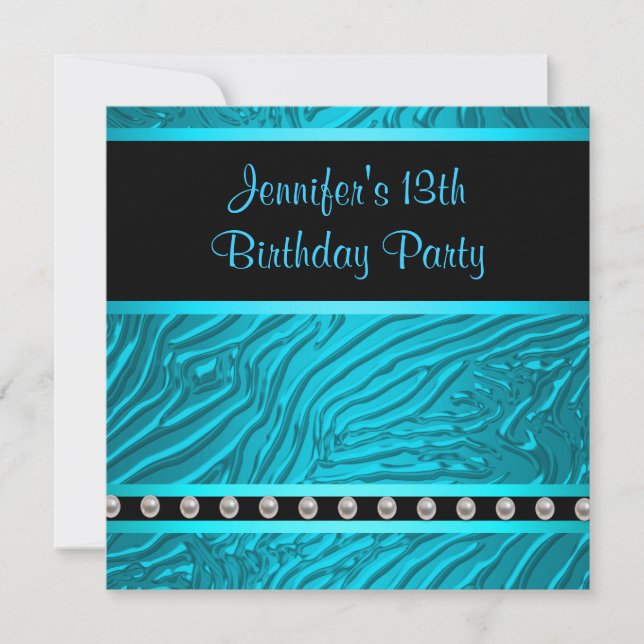 Teal Blue Zebra Girls 13th Birthday Party Invitation (Front)
