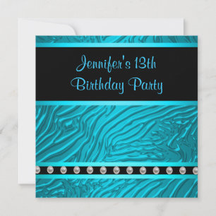Teal Blue Zebra Girls 13th Birthday Party Invitation