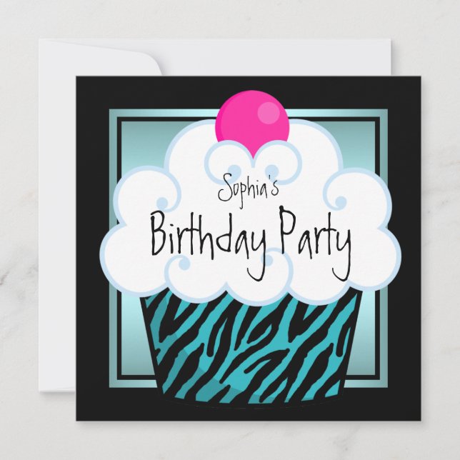Teal Blue Zebra Girls Cupcake Birthday Party Invitation (Front)