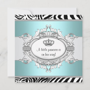 Teal Blue Zebra Princess Baby Girl Shower Invitation