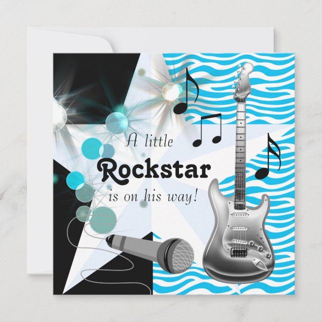 Teal Blue Zebra Rock Star Baby Boy Shower Invitation (Front)