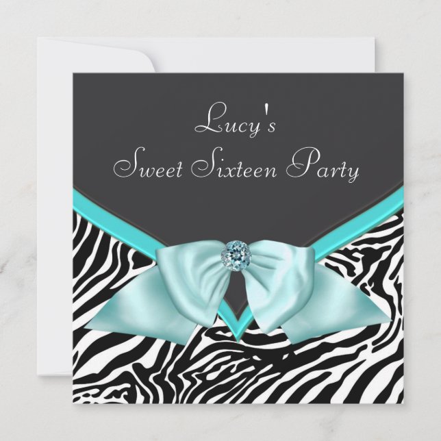 Teal Blue Zebra Sweet 16  Birthday Party Invitation (Front)