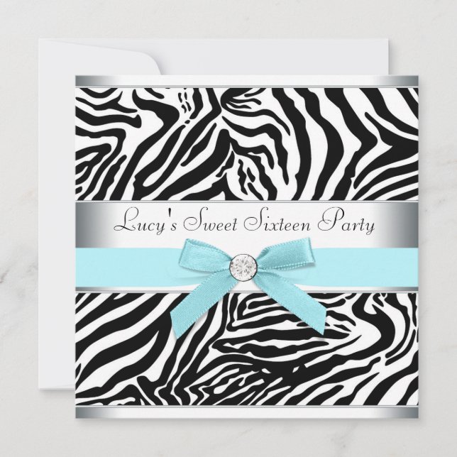 Teal Blue Zebra Sweet Sixteen Birthday Party Invit Invitation (Front)