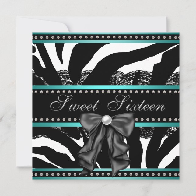 Teal Blue Zebra Sweet Sixteen Birthday Party Invitation (Front)