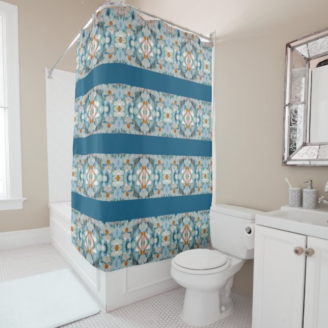 Teal Blues and White Daisy Pattern Shower Curtain (In Situ)
