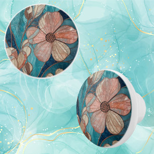 Teal Blush and Blue Floral Ceramic Knob