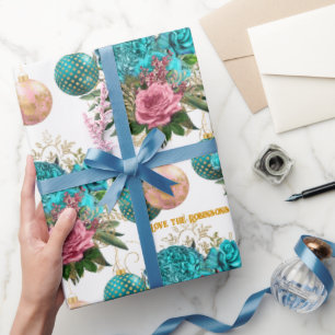 Teal & Blush Floral Elegant Personalized Christmas Wrapping Paper