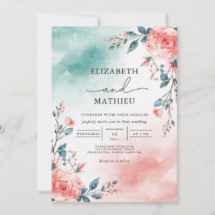 Teal Blush Floral Romance Wedding Invitation