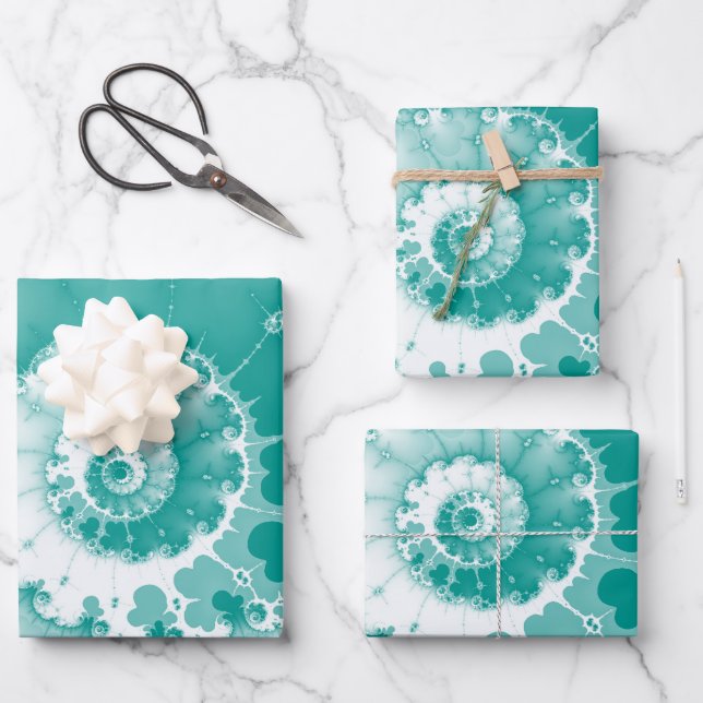Teal Blush Fractal Swirl Wrapping Paper Sheet (Front)