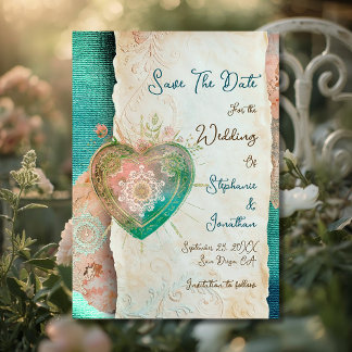 Teal Blush Lace Heart Rococo Wedding Save the Date