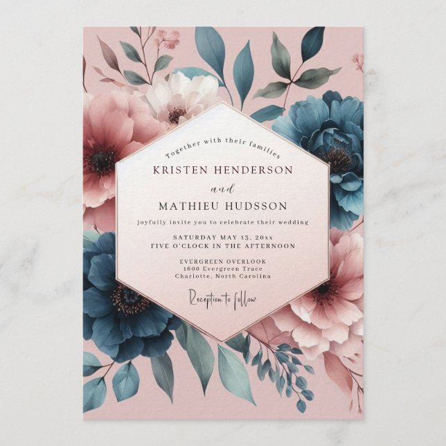 Teal Blush Painterly Bloom Wedding Invitation (Front)