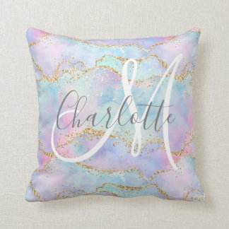 Teal blush pink gold glitter agate monogram  cushion