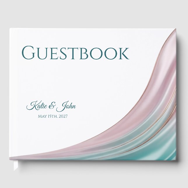 Teal & Blush Silk Wedding Personalised Guest Book (Front)