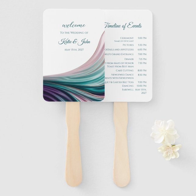 Teal & Blush Silk Wedding Program Fan (Front and Back)
