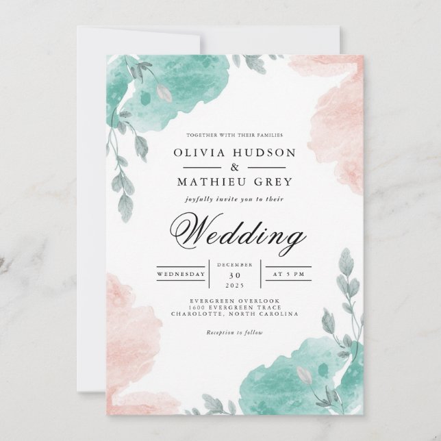 Teal Blush Wash Floral Wedding Invitation (Front)