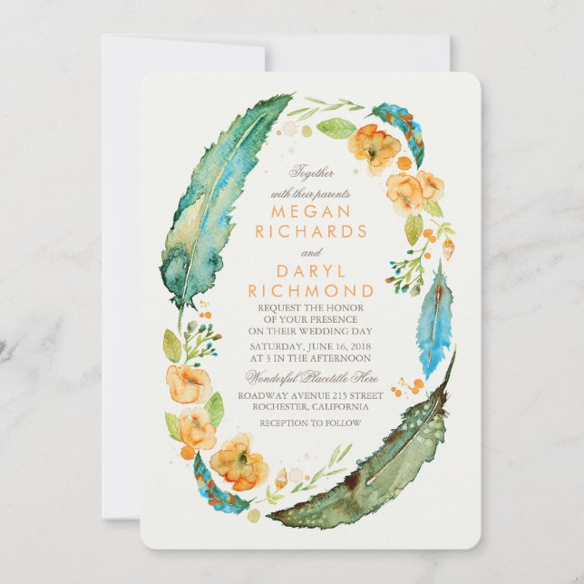 Teal Bohemian Floral Feathers Botanical Wedding Invitation (Front)