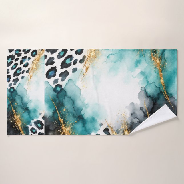 Teal Boho Animal Print, Gold Agate Gold Blue Bath Towel Set (Bath Towel)