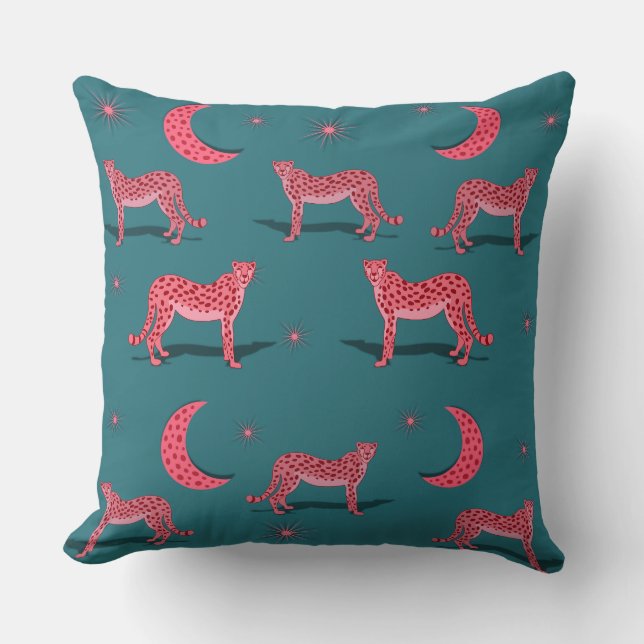 Teal Boho Cheetah and Pink Moon  Cushion (Front)