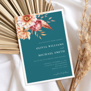 Teal Boho Chic Autumn Fall Floral Wedding Invitation