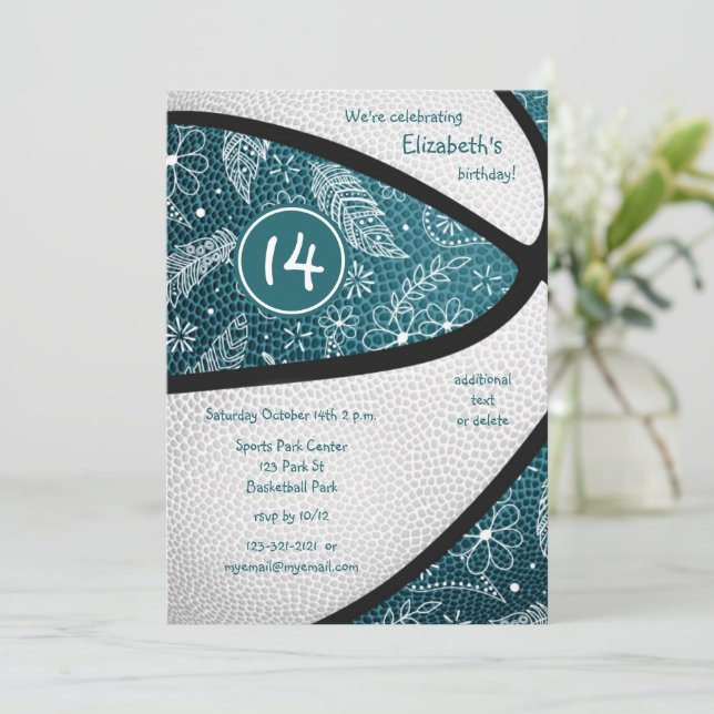 teal boho feathers floral paisley basketball party invitation (Standing Front)