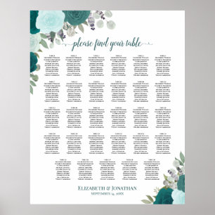 Teal Boho Floral 29 Table Wedding Seating Chart