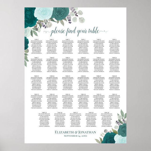 Teal Boho Floral 29 Table Wedding Seating Chart (Front)